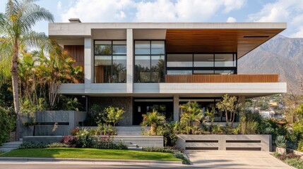 Fototapeta premium Modern concrete house with wood accents, large windows, and landscaping.