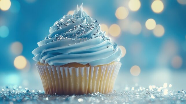 Frosted Cupcake with Blue Icing and Sparkles