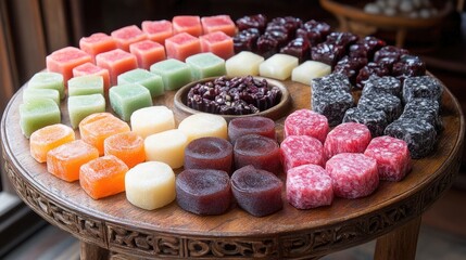 Colorful traditional jellies on wooden table, dessert display.