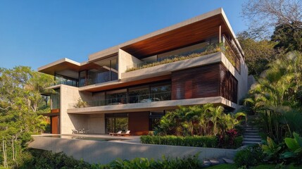 Fototapeta premium Modern luxury house with pool, landscaped garden, and wooden accents.