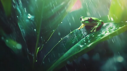 Green Frog on Leaf in Rainy Forest Setting