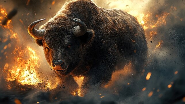 Powerful bison charging through flames, dramatic lighting, intense expression.