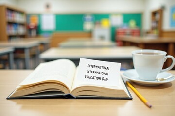 A stack of colorful books on a table with a coffee cup and a cookie beside them. In the background, a poster says "International Education Day" with bright decorations