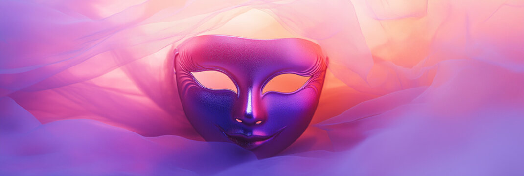 Vibrant purple mask with ethereal pink and orange fabric background