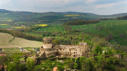 Historic Bolkow Castle from above, Poland.