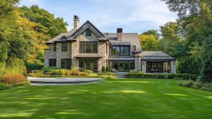 Fototapeta premium Luxurious stone house with expansive lawn, patio, and mature trees.