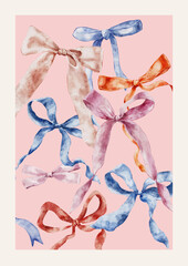 Watercolor red, pink and blue bows set. Hand-drawn gift bow isolated on pink background. Holiday illustration for design, print, fabric or background.