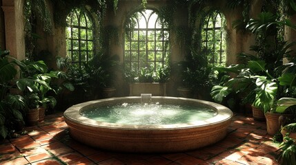 Lush indoor garden with stone hot tub.