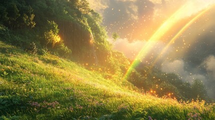 Magical Waterfall Meadow With Rainbow And Fireflies