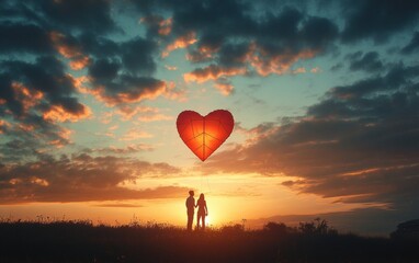 Fototapeta premium A scene of a couple holding hands while flying a heart-shaped kite together at sunset