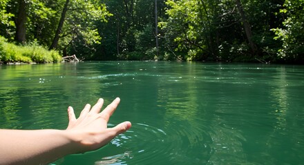 A hand gently touching the pure green water of a river on a sunny day, representing a symbolic, eco-friendly gesture to promote the conservation of natural resources and protect the environment