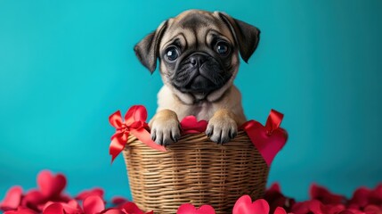Adorable Pug Puppy in Heart Basket