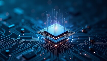 Close-up of a computer microprocessor with glowing data streams emanating.