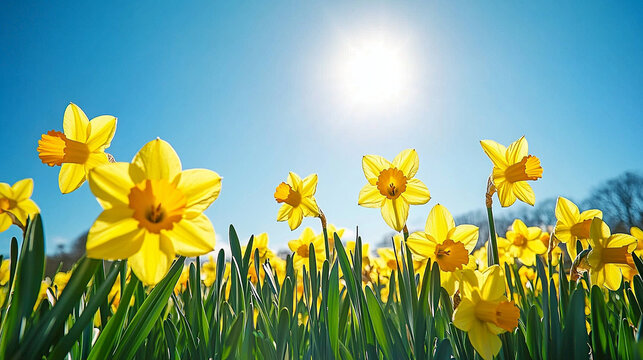A vast field of bright yellow daffodils stretching into the distance under a clear blue sky, with soft sunlight illuminating the flowers