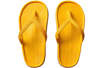 Bright yellow flip flops laid flat on a white background ready for summer wear