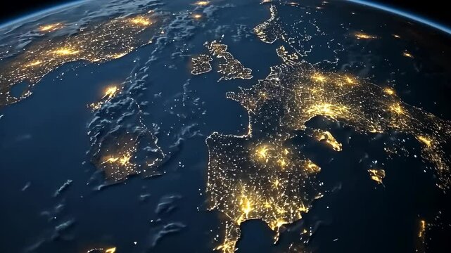 Detailed view of Europe illuminated at night from space capturing urban areas and geography