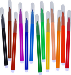 Set of markers with basic colors for drawing and coloring. Sale and advertising of markers and drawing with them. Felt-tip pen for drawing courses. Set of markers with a cap for children.