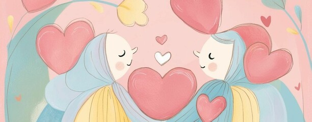 Pastel tone people and hearts background image, Valentine's Day theme, couple, pink, heart, pastel