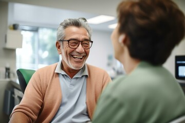 Happy senior man laughing during a medical consultation with a doctor in a clinic