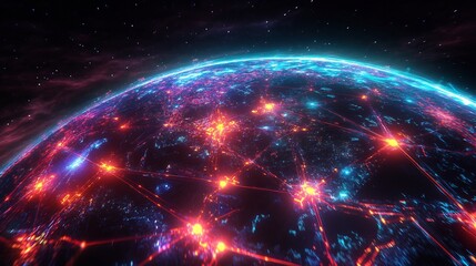 Supply chain network visualized glowing path linking vibrant node across 3D holographic globe