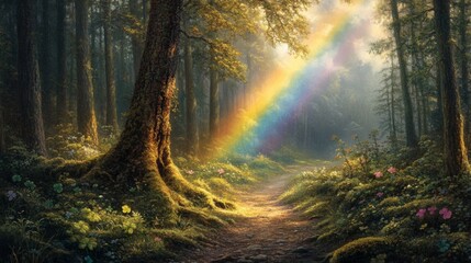 Fototapeta premium Rainbow Illuminates A Mystical Forest Path
