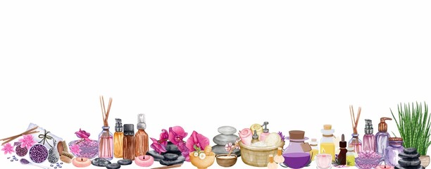 White background decorated with pink and purple beauty and spa accessories.