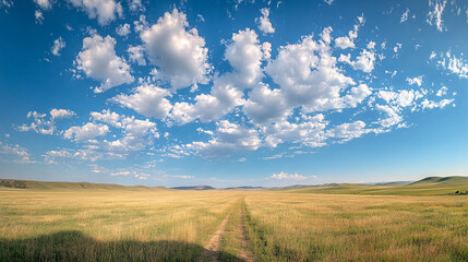 Obraz premium A wide view of gentle, diffuse clouds in a bright blue sky, with soft sunlight filtering through the clouds over a peaceful landscape