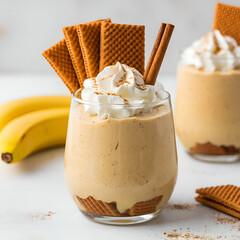Banana pudding with vanilla wafers on white background