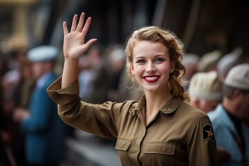 Beautiful blonde woman wearing military uniform smiling and waving to crowd