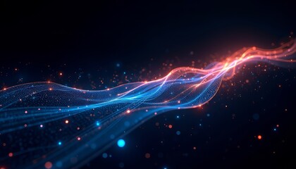 Obraz premium Abstract waves of light in blue and orange hues on a dark background.