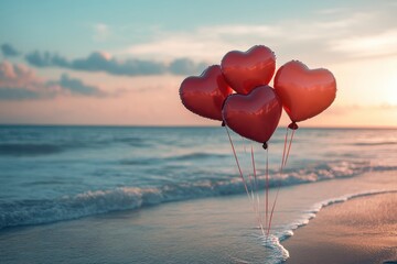 Fototapeta premium Heart balloons floating above a beach scene