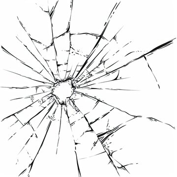Broken glass on a dark background. After the impact, the glass surface has cracks diverging from the point of impact or bullet hit. The concept of destruction, vulnerability and fragility of existence