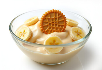 Banana pudding with vanilla wafers on white background