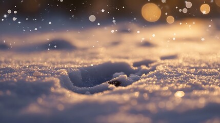 Naklejka premium A close-up of a birds delicate footprint in the snow, surrounded by a soft blanket of fresh snowflakes, with a subtle winter glow lighting the scene