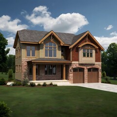 A two-story house with a Craftsman architectural style, featuring a mix of siding, stone, and a large front porch.