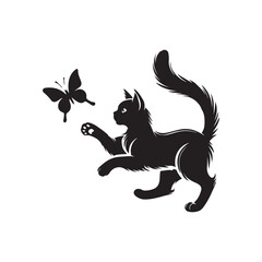  Cat chasing a butterfly silhouette vector illustration black color design and solid white background
