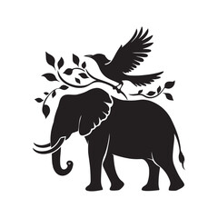 Obraz premium Elephant and bird on its back silhouette vector illustration black color design and solid white background
