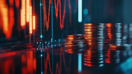 Stacks of gold coins are reflecting futuristic holographic stock market charts showing growing investment profits, business and financial success