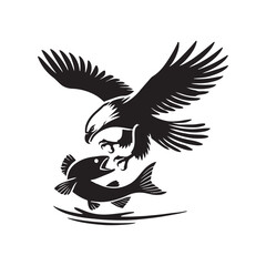 Eagle diving at a fish silhouette vector illustration black color design and solid white background