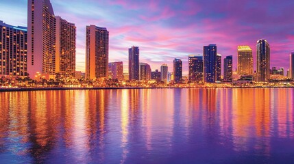 Obraz premium Vibrant city skyline reflected in calm water at sunset.