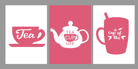 Set of posters with silhouette tea pot, leaves, lettering, white and pink. For poster, card, banner, discount, special offer. Vector illustration EPS10 
