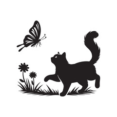  Cat chasing a butterfly silhouette vector illustration black color design and solid white background