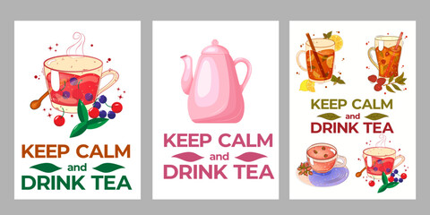 Set of posters with tea, teapot, teamug, lettering keep calm and drink tea. For poster, card, banner, discount, special offer. Vector illustration EPS10 
