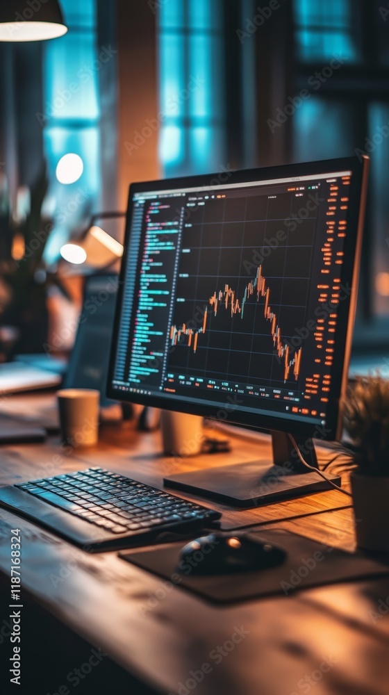 Aufkleber Computer monitor displays a stock market chart and lines of program code, suggesting late night trading or software development in a contemporary office setting