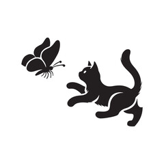  Cat chasing a butterfly silhouette vector illustration black color design and solid white background