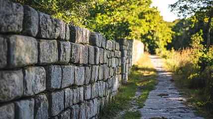 A rustic stone wall along a sunny path surrounded by greenery, creating a peaceful and timeless countryside atmosphere
