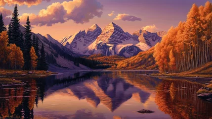 Printed kitchen splashbacks Majestic mountain range reflected in a serene autumn lake at sunset.