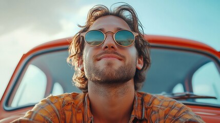 Happy man in sunglasses leaning on vintage car.