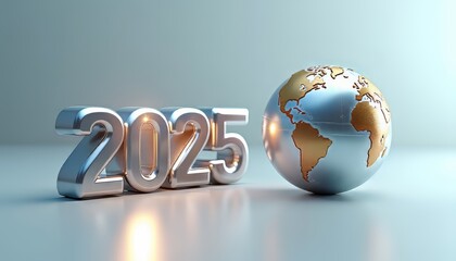 A glossy 2025 sign next to a globe depicting continents in gold tones.