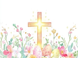 A beautiful watercolor illustration of Easter flowers and cross.
